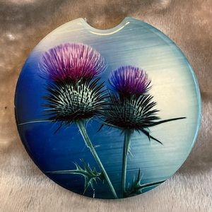 Set of 2 ceramic car coasters- Scottish thistle